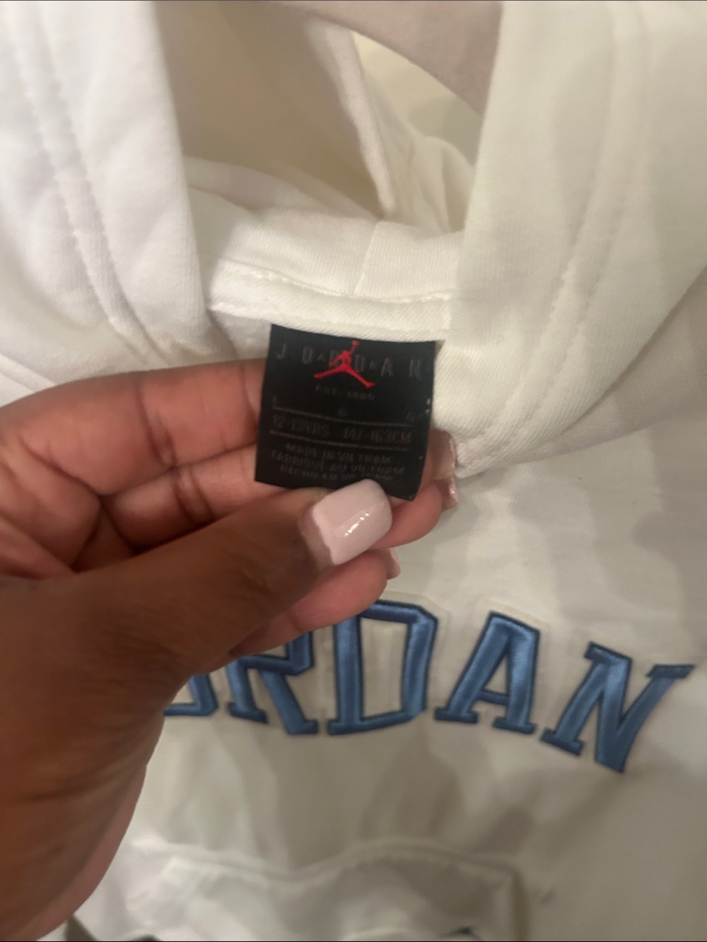 Jordan Boy’s White Hoodie with Light Blue Lettering - Picture 2 of 4